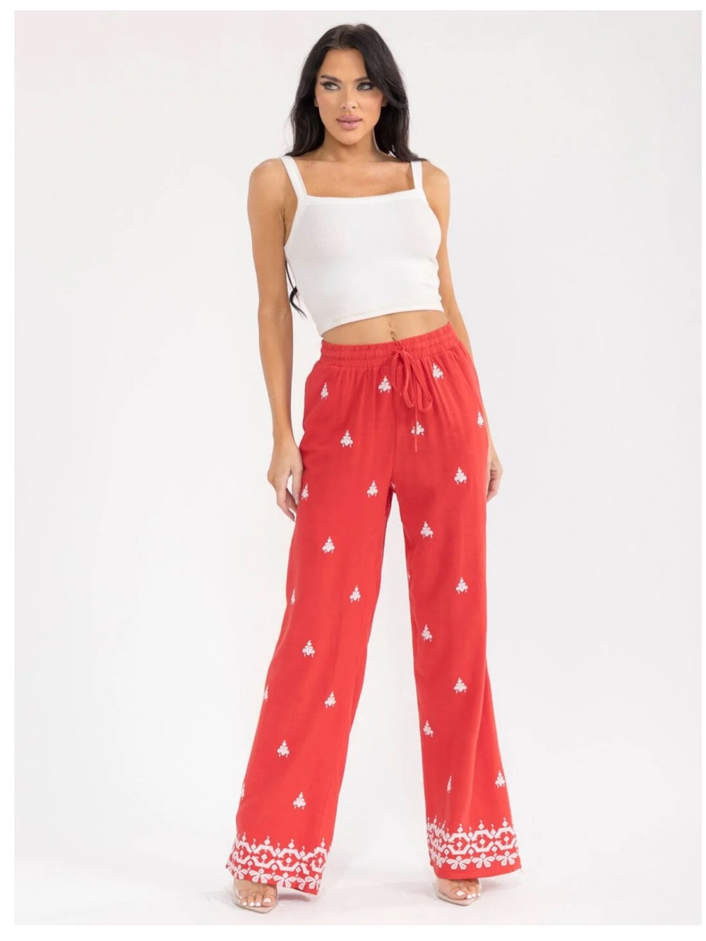 NWT ELASTIC WAIST FRONT POCKETS EMBROIDERY WIDE LEG PALAZZO LINEN PANTS size M